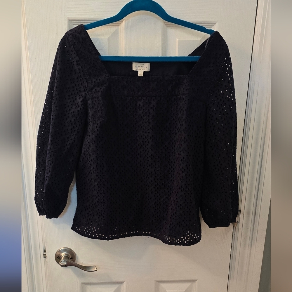 Lucky Brand Women's Navy Eyelet Top, Size M (315)